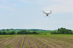 drone quad copter with high resolution digital camera on green corn field photo