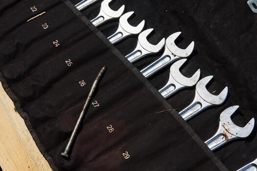 Set mechanical tools. Professional car mechanic using different tools for working photo