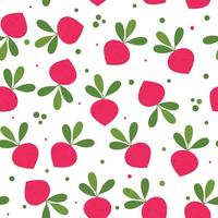 Radish flat design seamless pattern. Design with leaves and vegetable. Vector illustration of art. Vintage background. Kitchen and restaurant design for fabrics, paper. Suitable for packaging, prints,