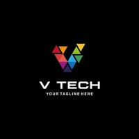 colorido vector de diseño de logotipo de letra v tech con concepto de movimiento de píxeles. multimedia, digital, tecnología, plantilla de icono de símbolo de innovación.