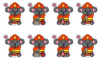 Vector Illustration of Cute sitting Koala cartoon with Firefighter costume and hand up pose.