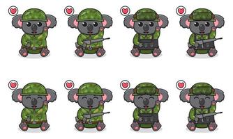 ilustración vectorial de una linda caricatura de koala sentada con traje de soldado y pose de mano. vector