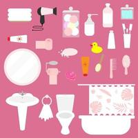 conjunto de accesorios de baño, accesorios de baño, productos de higiene, jabón, cepillo de dientes, lavabo, peine, cepillo, champú, vector
