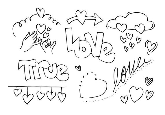 Set of love doodle, hand drawn icons with true love text for valentines day design concept