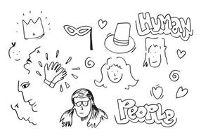 collection of hand drawn cute faces, crowns, masks, hats and hearts, vector illustration.