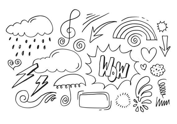 hand drawn set elements, black on white background. hearts, lights, emphasis, swirls, umbrellas, arrows and wow text for concept designs.