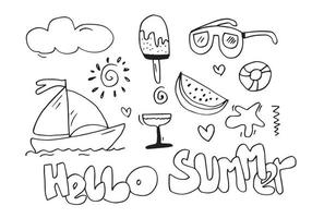 Hello Summer collection. Vector illustration of funny doodle summer symbols isolated on white background.