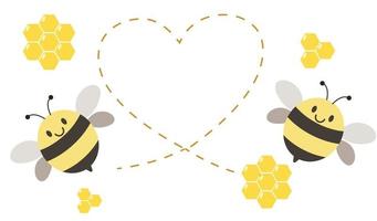 A cute bee flying with honeycomb and line of heart isolated on white background, vector illustration. Cute cartoon character.