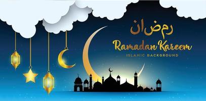 Ramadan kareem background, illustration with arabic lanterns and golden ornate crescent, on starry background with clouds. EPS 10 contains transparency. vector