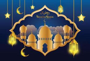 Ramadan kareem background, illustration with arabic lanterns and golden ornate crescent, on starry background with clouds. EPS 10 contains transparency. vector