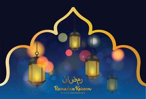 Ramadan Kareem greeting with mosque and hand drawn calligraphy lettering which means ''Ramadan kareem'' on night cloudy background. Editable Vector illustration.