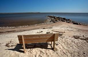 Bench and driftwood along Lake Winnipeg photo