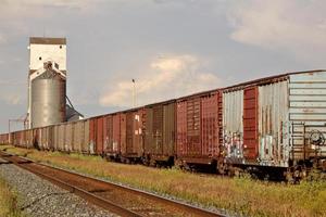 Boxcars parked on siding near grain elevator photo