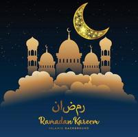 Ramadan kareem background, illustration with arabic lanterns and golden ornate crescent, on starry background with clouds. EPS 10 contains transparency. vector