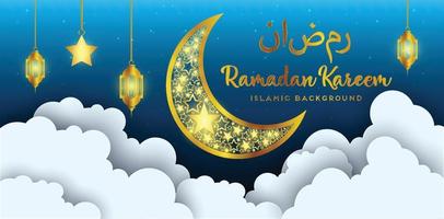 Ramadan Kareem greeting with mosque and hand drawn calligraphy lettering which means ''Ramadan kareem'' on night cloudy background. Editable Vector illustration.