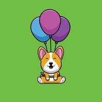 Cute Corgi Dog Flying With Balloon Cartoon Vector Icon Illustration. Animal Icon Concept Isolated Premium Vector. Flat Cartoon Style