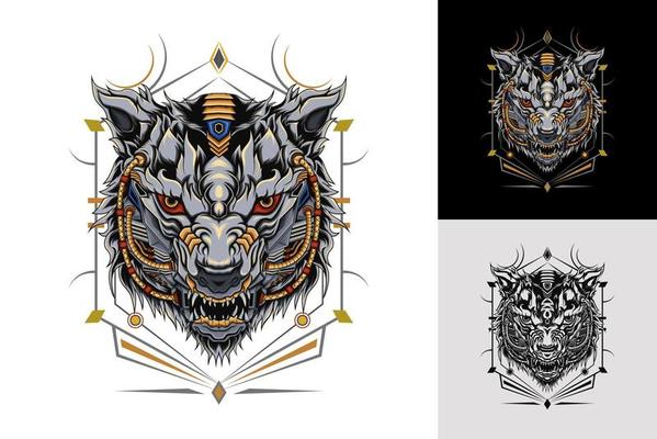 Head Wolves Mechanic with ornament background. design for t shirt, apparel and decoration.