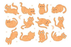 gran conjunto, lindos gatitos de jengibre dibujados a mano en diferentes posiciones, con diferentes emociones. ilustración infantil, pegatinas, estampado vector