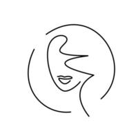 face minimalism logo. girl face - thin continuous line drawing. beauty salon icon. hairstyle, lips. vector logo