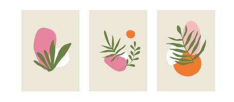 Bohemian minimal tree botanical posters set with abstract organic shapes, branches and leaves vector illustration. Contemporary abstraction design for background, wallpaper, card, wall art