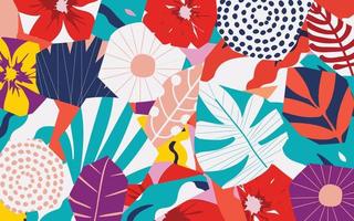 Colorful tropical leaves and flowers poster background vector illustration. Exotic plants, branches, flowers and leaves art print for beauty and natural products, spa and wellness, fabric and fashion