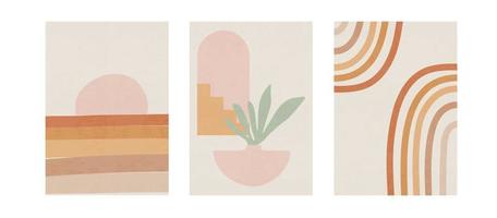 Set of three pastel posters with rainbows and abstract shapes, foliage and sea vector illustration. Minimal Nordic art print. Abstraction design for background, wallpaper, card, wall art