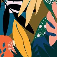 Ilustración de vector de fondo de cartel de hojas y flores tropicales coloridas. plantas exóticas, ramas, flores y hojas de arte para belleza y productos naturales, spa y bienestar, tela y moda