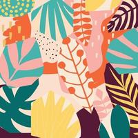 Ilustración de vector de fondo de cartel de hojas y flores tropicales coloridas. plantas exóticas, ramas, flores y hojas de arte para belleza y productos naturales, spa y bienestar, tela y moda