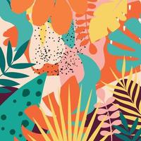 Colorful tropical leaves and flowers poster background vector illustration. Exotic plants, branches, flowers and leaves art print for beauty and natural products, spa and wellness, fabric and fashion