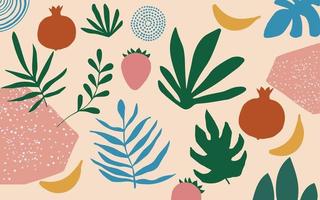 Botanical poster vector illustration. Foliage drawing with abstract shapes and fruit. Minimal and natural leaves art print. Abstract fruit design for background, wallpaper, card, packaging