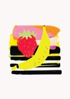 Strawberry and banana fruit poster. Summer tropical design with fruit. Banner for bar, cocktail, milk shake poster. Design for menu, packaging, fabric. Healthy diet, raw, vegan food concept vector