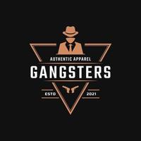 insignia de etiqueta retro vintage clásica para mafiosos e inspiración en el diseño del logotipo de la mafia. hombre en símbolo de traje negro vector
