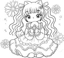 drawing cartoon cute coloring page line art, outline anime manga kawaii kids vector