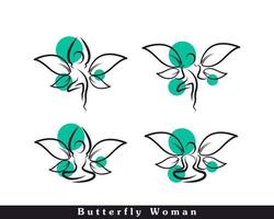 conjunto de mujer mariposa con hojas para el bienestar y el elemento de plantilla de diseño de icono de logotipo saludable vector