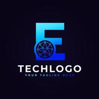 logotipo de la letra e de tecnología. forma geométrica azul con círculo de puntos conectado como vector de logotipo de red. utilizable para logotipos de negocios y tecnología.