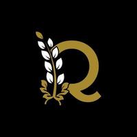 letra inicial q monograma vinculado logotipo de corona de laurel dorado. diseño elegante para restaurante, café, marca, placa, etiqueta, identidad de lujo vector
