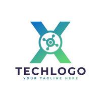 logotipo de la letra x de tecnología. forma geométrica verde con círculo de puntos conectado como vector de logotipo de red. utilizable para logotipos de negocios y tecnología.