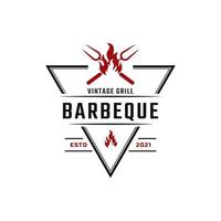 insignia de etiqueta retro vintage clásica para parrilla barbacoa barbacoa con tenedor cruzado e inspiración en el diseño del logotipo de llama de fuego vector