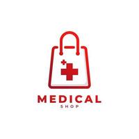 ícono de bolsa de compras con el logo médico paramédico del hospital. elemento de plantilla de logotipo de tienda médica vector