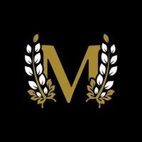 Initial Letter M Linked Monogram Golden Laurel Wreath Logo. Graceful Design for Restaurant, Cafe, Brand name, Badge, Label, luxury identity vector