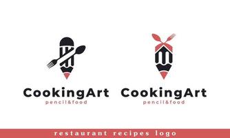 Creative Cooking Art Logo. Combination Fork Spoon and Pencil for Food Writer Blog Restaurant Recipes Logo Design Inspiration vector