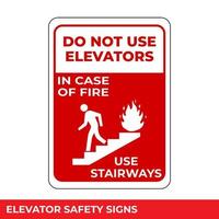 en caso de incendio, use las escaleras, no use el letrero de los ascensores con un mensaje de advertencia para áreas industriales, fácil de usar y plantillas de diseño de impresión vector