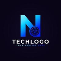 logotipo de la letra n de tecnología. forma geométrica azul con círculo de puntos conectado como vector de logotipo de red. utilizable para logotipos de negocios y tecnología.