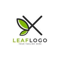 Creative Initial Letter X Logo. Black Shape Linear Style Linked with Green Leaf Symbol. Usable for Business, Healthcare, Nature and Farm Logos. Flat Vector Logo Design Ideas Template Element. Eps10