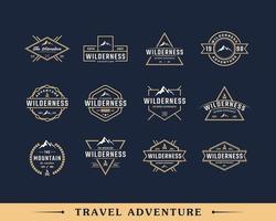 conjunto de insignia de emblema vintage logotipo de aventura de montaña salvaje con símbolo de hoguera para campamento al aire libre en ilustración de vector de estilo retro