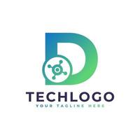 logotipo de la letra d de tecnología. forma geométrica verde con círculo de puntos conectado como vector de logotipo de red. utilizable para logotipos de negocios y tecnología.