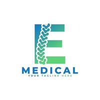 letra e con el logotipo de la columna vertebral del icono. utilizable para logotipos comerciales, científicos, sanitarios, médicos, hospitalarios y naturales. vector