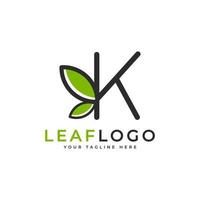 Creative Initial Letter K Logo. Black Shape Linear Style Linked with Green Leaf Symbol. Usable for Business, Healthcare, Nature and Farm Logos. Flat Vector Logo Design Ideas Template Element. Eps10