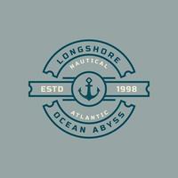 insignia retro vintage logotipo náutico y oceánico con símbolo de ancla de barco para plantilla de diseño de emblema marino vector