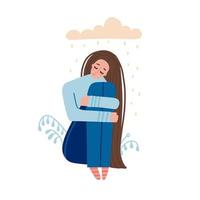 Unhappy and sad young woman in depression sitting and hugging knees with confused and rainy cloud under her. Sorrow, mental health concept, female character. Hand drawn flat vector illustration